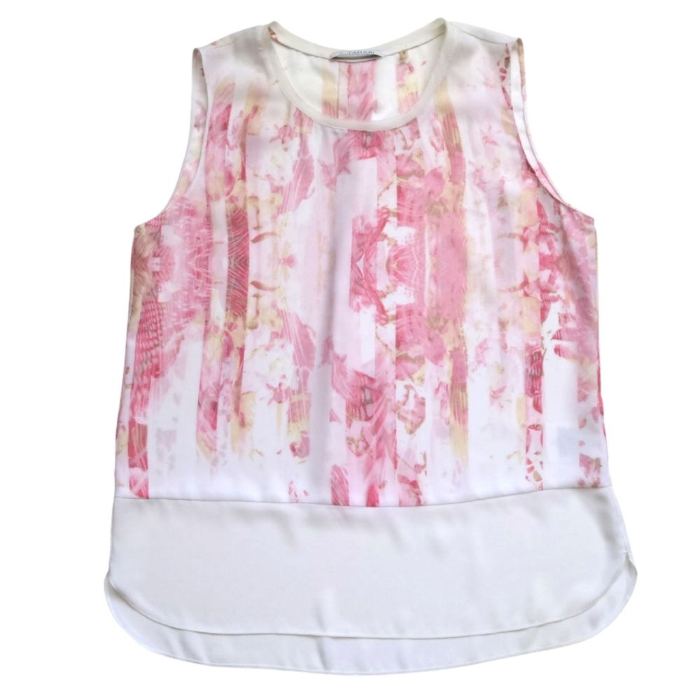 T TAHARI Sleeveless Top Blouse White Pink Yellow Abstract Design Size S